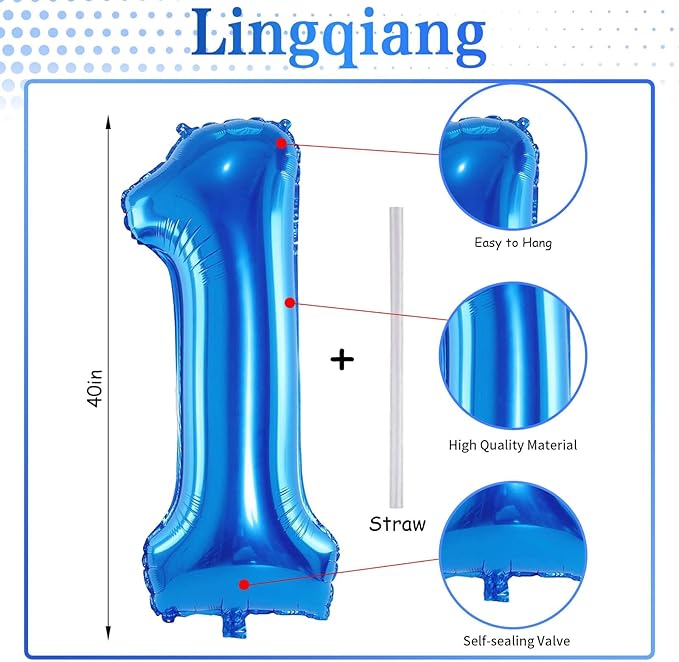 40'' Blue Number 1 Balloons, Giant Self Inflating Foil Number Balloons Set 0-9, Large Digital 1 Helium Balloon for Men Boys 1st Birthday Baby Shower Party Decorations Anniversary Photo Shoot Supplies