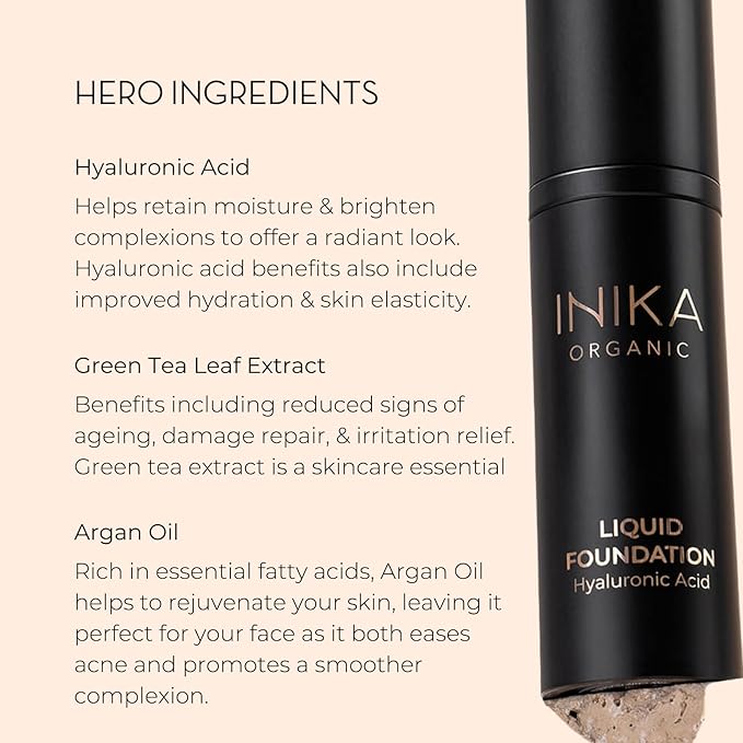 INIKA Organic Full Coverage Liquid Foundation Makeup with Hyaluronic Acid and Argan Oil, Vegan and Organic Foundation for Skin Elasticity and Plumpness, Natural Coverage, Nude, 30ml