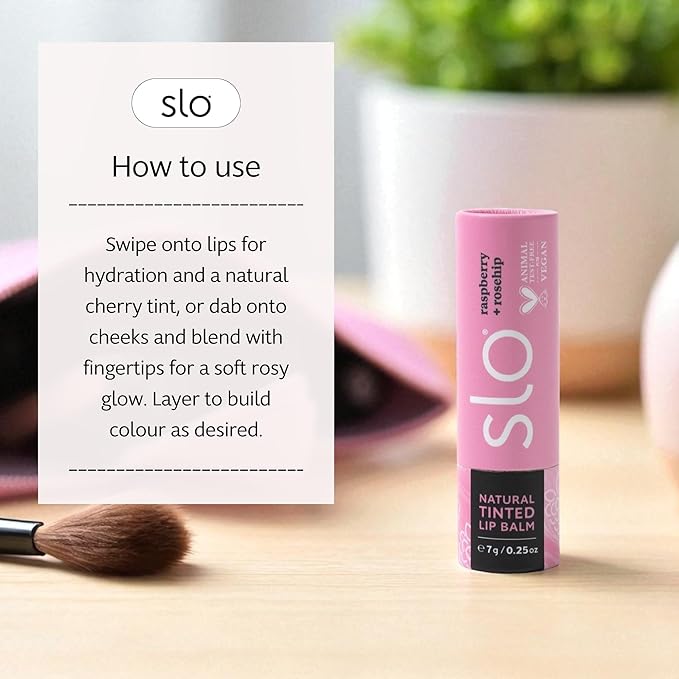 Slo | Natural Lip Balm - All Natural Ingredients, Vegan & Cruelty Free, Hydrating & Soothing, Plastic Free, Paper Packaging | Raspberry + Rosehip | 3 Pack (3 x 0.28oz/8g)