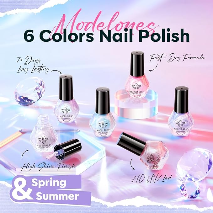 modelones Nail Polish Set, 6 Colors Chrome Pearl Shimmer Pink Purple White Aurora Iridescent Green Quick Dry Nail Polish Kit Gifts for Women 2025 Salon DIY Manicure Kit