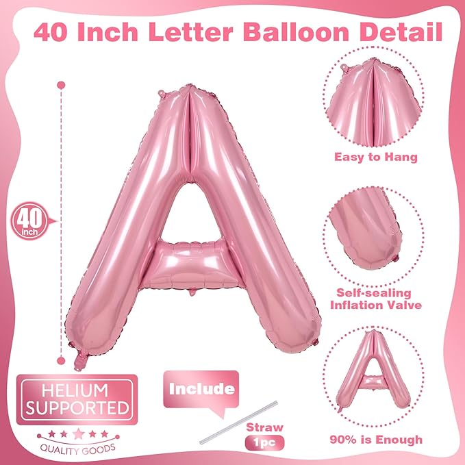 40" Balloon Letter A Pastel Pink, Large Foil Pink Letter Balloons Set A - Z for Girls, Light Pink A Helium Balloons for Women Birthday Anniversary Graduation New Year Party Decoration Supplies