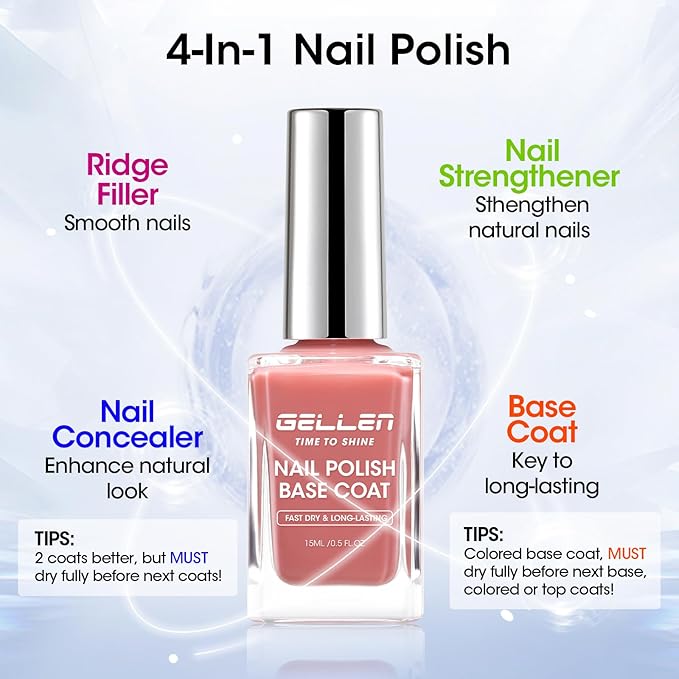 GELLEN 4-In-1 Illuminating Nail Concealer Base Coat Polish Dusty Rose Pink, Sheer Nail Strengthener Ridge Filler for Nails, Calcium Formula Smoothes Strengthens Nails, Quick Dry, Hema Free, Non-toxic