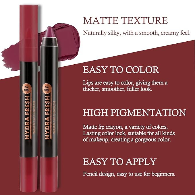 Boobeen Matte Lip Crayon Lipstik Pencil Velvety Creamy Matte Lip Liner Full Coverage High Pigment Waterproof Long Lasting Lipstick for Women, Matte Lip Color with Smooth