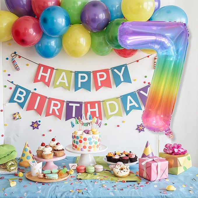 7th Birthday Balloons for Girls, 40'' Foil Self Inflating Light Rainbow Number 7 Balloon, Large Helium Mylar Colorful Multicolor 7 Balloon Number for Kids Birthday Party Decor Anniversary Decorations