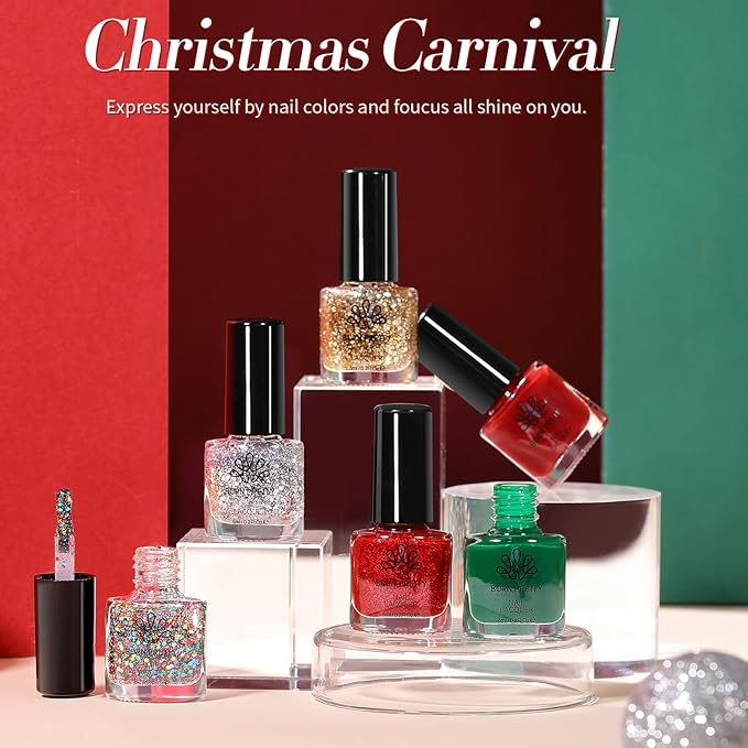 Born Pretty Christmas Nail Polish Set,6 Colors Red Green Sparkle Glitter Gold Silver Quick Dry Nail Polish Christmas Fast Drying Fingernail Lacquer Nail Art Design Manicure Salon DIY Home