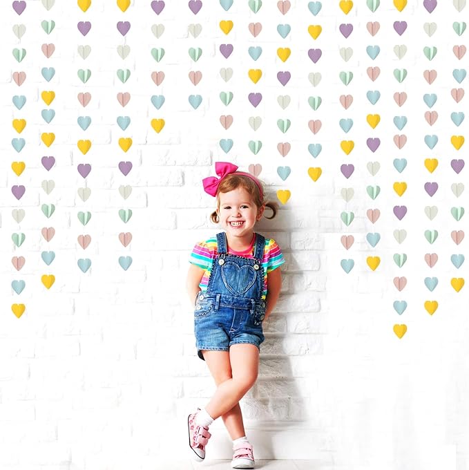 Pastel-Rainbow Party-Decorations 3D Heart Garland - 39Ft Yellow Blue Pink Purple Mint Hanging Paper Streamers Banner, Engagement Wedding Bachelorette Baby Bridal Shower Decor Ouruola