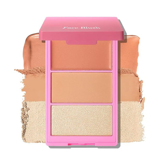 KYDA 3 Colors Blush Palette, All-In-One Face Maleup Palette, Matte Cheek Blusher Makeup, Multi-Finish Shimmery Blusher, Blendable Blush Highlighter Powder,01