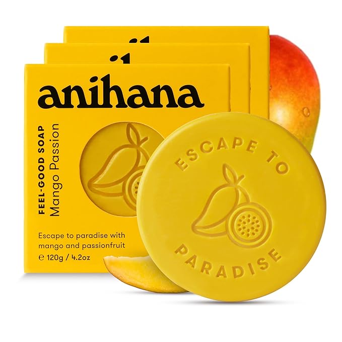 ANIHANA Feel-Good Soap 3 Pack with Coconut Oil and Shea Butter, Gentle Cleansing, Paraben Free, Cruelty Free, Refreshing Mango Passion Scent, 4.2 oz each