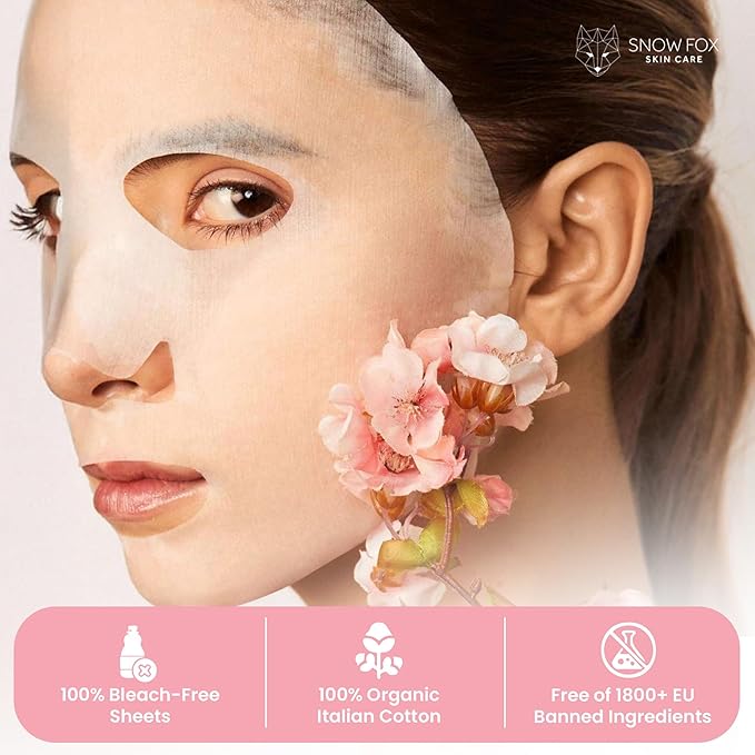 Snow Fox Japanese Cherry Blossom & White Tea Smoothing Sheet Mask – Hydrating Face Mask for Glass Skin Glow & Bridal Makeup Prep – Moisturizing Facial Skin Care for all Types – 1 Pack