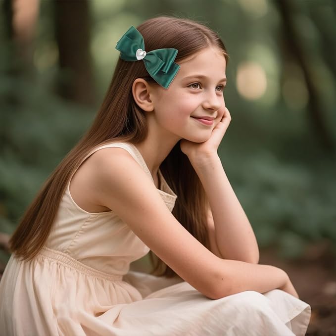 2pcs green hair bows for girls, cute bow hair clips for women, deep green bow with alligator clip, christmas and valentines hair bows, hair accessories for girls