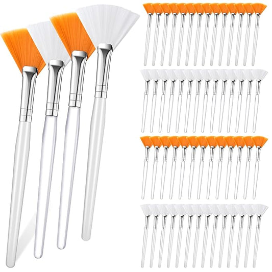 60 Pieces Fan Brushes, Soft Fan Brushes for Facials, Facial Applicator Brush for Women Girls, Facial Brushes Esthetician for Mud Clay Mask, Makeup, Yellow, White
