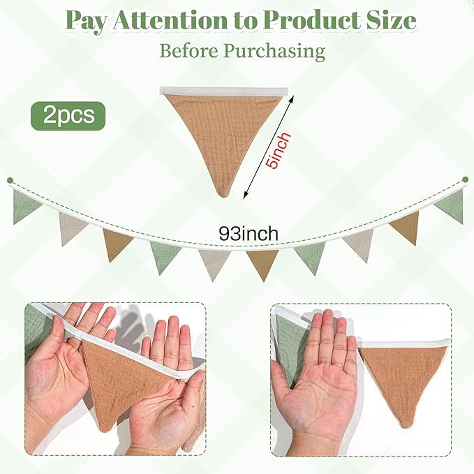 2PCS Pennant Banner Flags, Fabric Bunting Banner Nursery Garland Decor, Baby Shower Garland, Triangle Flags for Baby Boy Room, Playroom, Boho Birthday Party Decor, Each 7.75 ft (Mistwood Color)