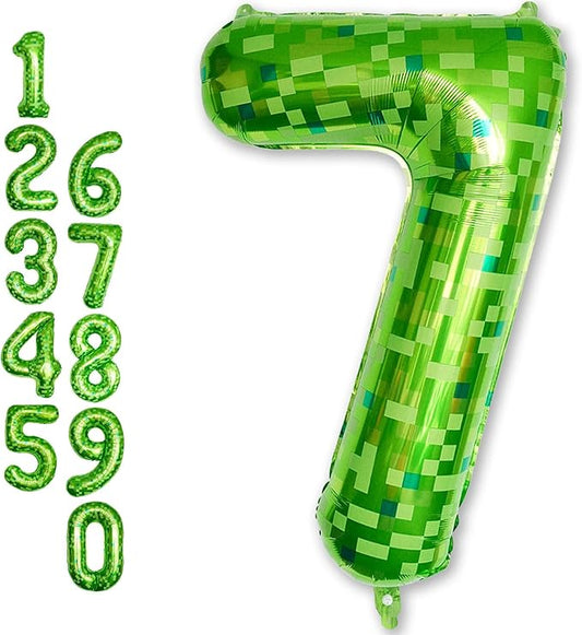 40 Inch Green Pixel Number 7 Balloon for Kids 7th Birthday Decorations, Large Dark Kelly Lime Green Self Inflating Foil Seven Balloon Number for Boys Birthday Video Game Patrick's Day Party Supplies