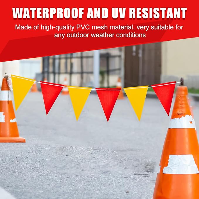 Safety Warning Pennant Banner Flags – Multipurpose OSHA High Visibility Colored Triangle Flags for Roadwork, Party and Hazard Areas(RED+YELLOW,45pcs,105FT)