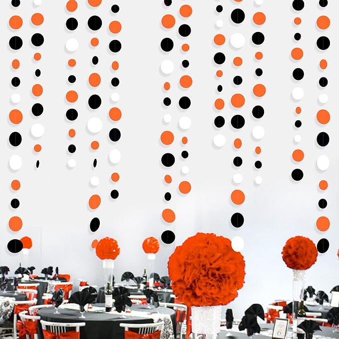 46Ft Orange Black Circle Dot Garland Black Orange and White Polka Dot Hanging Paper Streamer for Birthday Wedding Bridal Shower Baby Shower Fall Autumn Halloween Thanksgiving Party Decoration Supplies