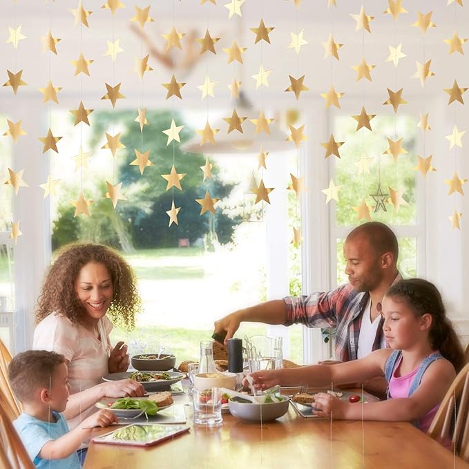 Patelai Glitter Star Garland Banner New Years Decor 130 Feet Star Hanging Banner Twinkle Backdrop for Birthday Classroom Wedding Halloween Christmas Party Supplies(Champagne Gold)