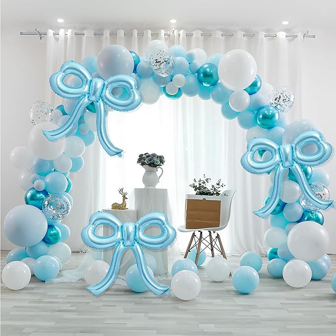 4 Pcs Blue Bow Balloons Bow Birthday Party Decorations for Girl Women Bow Decor Blue Birthday Decorations Giant Light Blue Balloons for Baby Shower Bridal Bachelorette Party Supplies