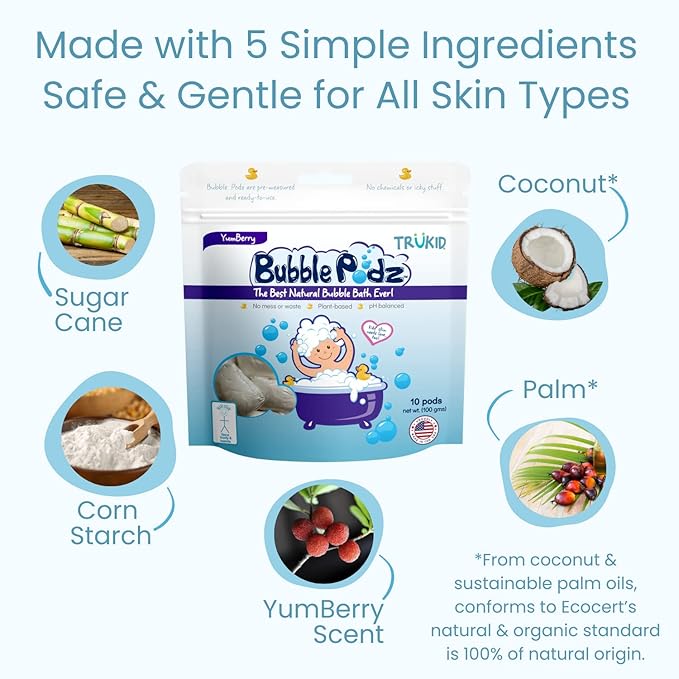 TruKid Bubble Podz Bubble Bath for Kids, Toddlers, & Babies, Tear Free Gentle & Refreshing Bath Bomb for Sensitive Skin with Natural Moisturizers, Non-Toxic, pH Balanced, Yumberry Scent (60 Podz)