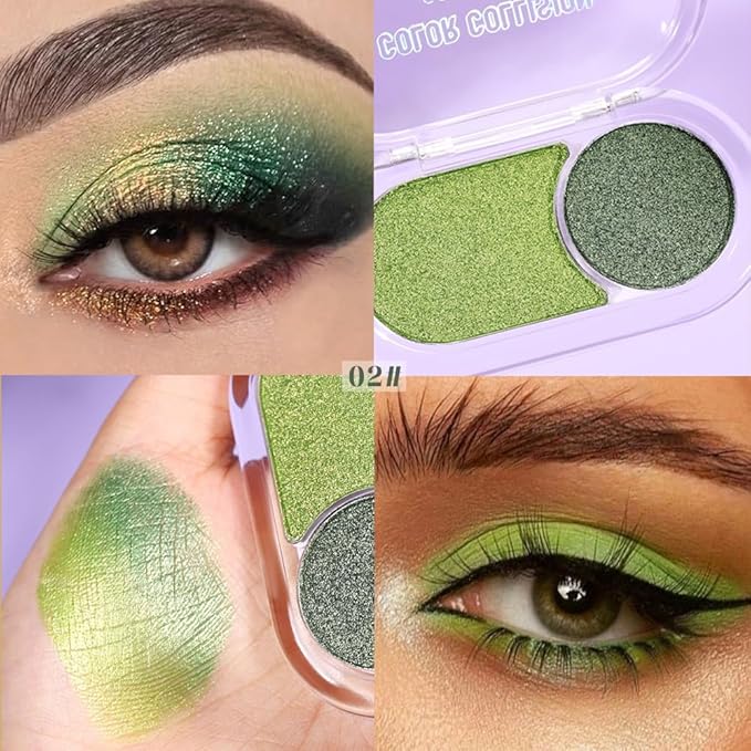 Dual-Color Pearl Eyeshadow Palette – High Pigment Shimmer Eyeshadow Duo, Grass Green & Green Shimmer Eye shadow , Silky Blendable Texture, Waterproof Long-Lasting Eye Makeup for Daily & Glam Looks 02#