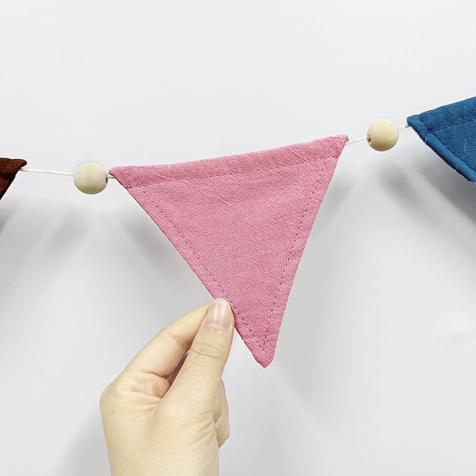 2 Sets of Wood Beads Boho Pennant Banner 20pcs Retro Colored Nursery Garland Fabric Linen Triangle Streamers Flags for Kids Birthday Baby Shower Classroom Baby Room Decor Boho Party Decorations