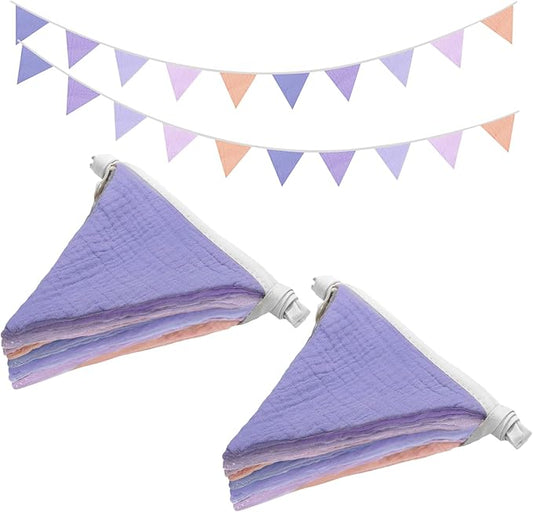 2PCS Pennant Banner Flags, Fabric Bunting Banner Nursery Garland Decor, Baby Shower Garland, Triangle Flags for Baby Boy Room, Playroom, Boho Birthday Party Decor, Each 7.75 ft (Purple Pink)