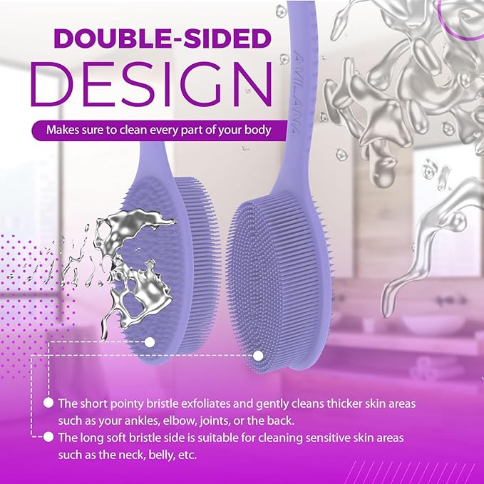 Avilana Silicone Body Scrubber - Food Grade & Lab Tested, Gentle Exfoliating Shower Brush for All Skin Types, Hygienic Quick-Dry Loofah Alternative (Dark Gray, Long Handle-Silver)