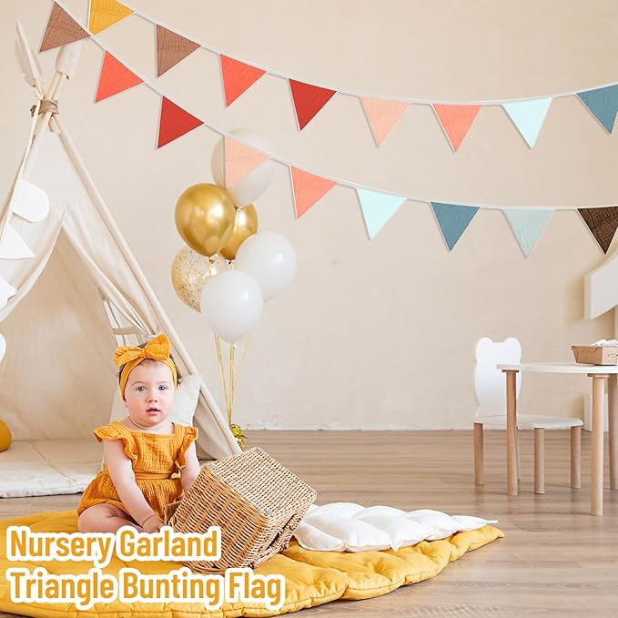 2PCS Pennant Banner Flags,Thanksgiving Decor Fabric Bunting Banner Nursery Garland Decor,Baby Shower Garland,Triangle Flags for Baby Boy Room,Playroom,Boho Birthday Party Decor, Each 7.75 ft