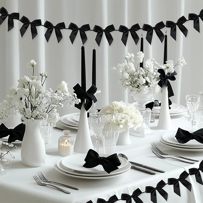 2pcs Bow Garland Banner, Ribbon Bow Party Decorations for Baby Shower Girls Bow Coquette Birthday Party Decor (Black)
