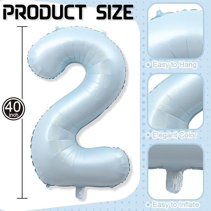 40 Inch 2 Balloon Number, Large Pastel Baby Matte Blue Foil Number 2 Balloons Birthday Party Decor, Light Blue Mylar Self Inflating Two Balloon for Boys 2nd Birthday Baby Shower Anniversary Decoration