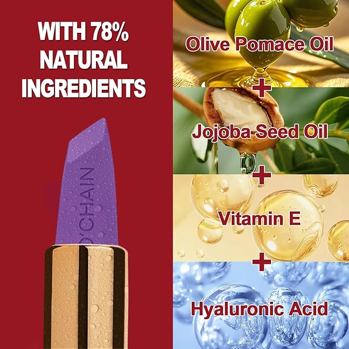 O'CHAIN Purple Matte Lipstick, Long Lasting Full Coverage Non-Transfer Lipstick for Women Infused with Jojoba Oil and Vitamin E, Cruelty-Free & Vegan (13 EMOTION) 0.12 Oz