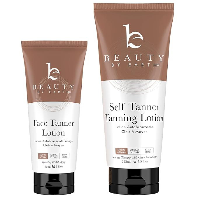 Self Tanner Face & Body - With Organic Aloe Vera & Shea Butter, Sunless Tanning Lotion, Bronzer Buildable Fair to Medium Tan, Fake Tan Self Tanners Best Sellers, 7.5oz (body) 3oz (face)