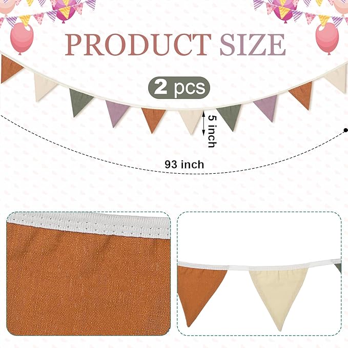 VitalCozy 17 ft Pennant Banner Flags, 2 Pcs Nursery Garland Triangle Bunting Flag Double Side Baby Banner for Boho Decor Baby Shower Birthday Wedding Party Event, Each 8.5 ft(Warm Colors)