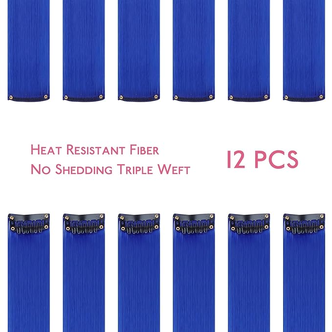 WENNALIFE 12 PCS Blue Hair Extensions Clip in, Colored Clip in Hair Extensions for Kids Highlights Rainbow Hair Clips for Girls Synthetic Straight Pop-up Style Colorful Festival Girls Hair Accessories