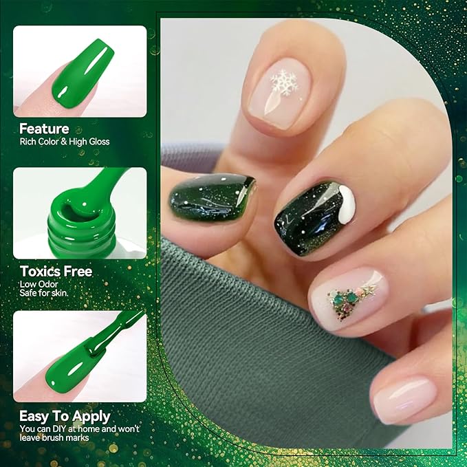 Born Pretty Christmas Carnival Evergreen Gel Nail Polish Set,6 Colors Green Glitter Gel Polish Set Forest Dark Avocado Sage Green Sparkle Soak Off U V Gel Nail Kit Manicure DIY Salon Home Gift