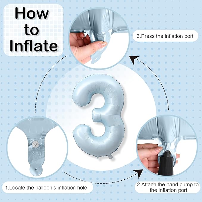 3rd Birthday Balloons for Boys, 40'' Foil Self Inflating Light Matte Blue Number 3 Balloon, Pastel Sky Blue Large Mylar 3 Balloon Number for Kids 3 Yeal Old Birthday Party Decor Anniversary Decoration