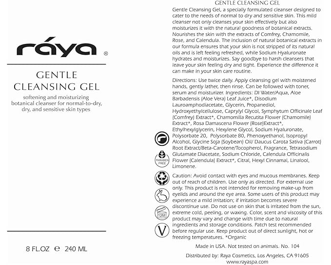Raya Gentle Facial Cleansing Gel 16 oz (104) | Softening and Moisturizing Botanical Cleanser for Dry and Sensitive Skin| Helps Hydrate Smooth Complexion