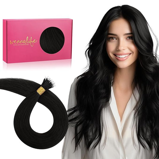WENNALIFE Nano Bead Hair Extensions, 50g 50s 24 Inch Jet Black Real Human Hair for Women Invisible Nano Ring Remy Hair Extensiones De Cabello Humano Fusion Installation