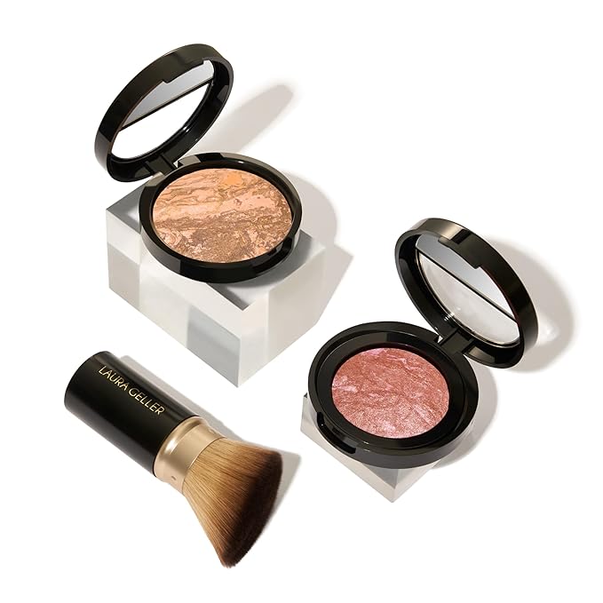 LAURA GELLER NEW YORK Blush-n-Glow Kit (3 PC): Baked Balance-N-Glow Illuminating Powder Foundation, Tan + Retractable Kabuki Brush + Baked Blush-N-Brighten, Pink Grapefruit