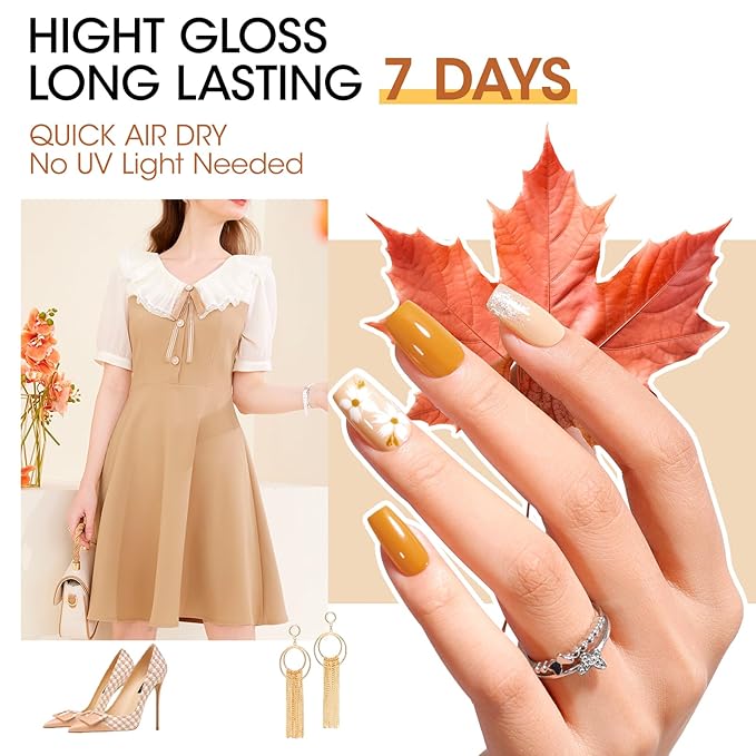 Gellen Maple Brown Nail Polish, Halloween Fall Winter Leaf Regular Nail Polish Air Dry 6-Color Set for Finger Toe Nails Home Salon Manicure Women Girl Gifts, Not UV Gel, Hema Free, Non Toxic, TPO Free