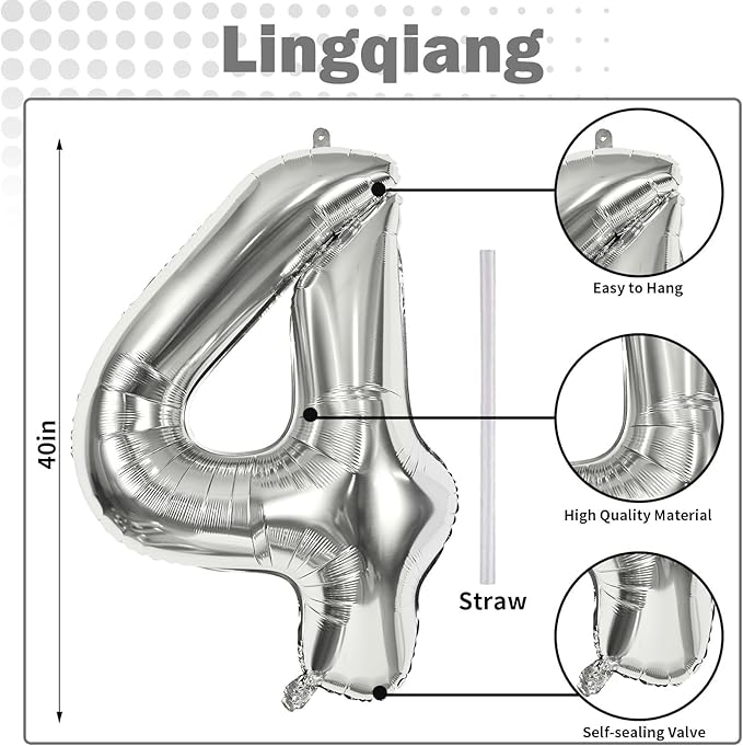 Silver Number Balloons, 40inch Large Number 4 Foil Helium Balloons for Girls Women, Self Inflating Number Balloons 0-9 for Men Boys 4th 14th 40th Birthday Anniversary Party Celebration Decoration