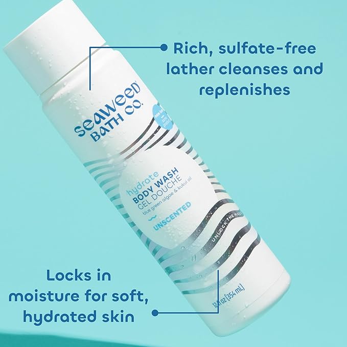Seaweed Bath Co. Hydrate Body Wash - Unscented - Foaming Shower Gel Cleanser with Natural Ingredients - Fragrance Free and Gentle - Good For Sensitive Skin - 12 oz