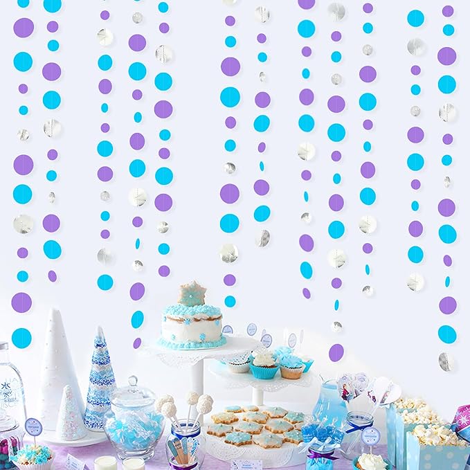 46 Ft Frozen Party Decorations Purple Blue Silver Polka Dots Garlands Hanging Paper Circle Dots Streamer for Frozen Birthday Winter Wonderland Christmas Holiday Wedding Baby Shower Party Supplies