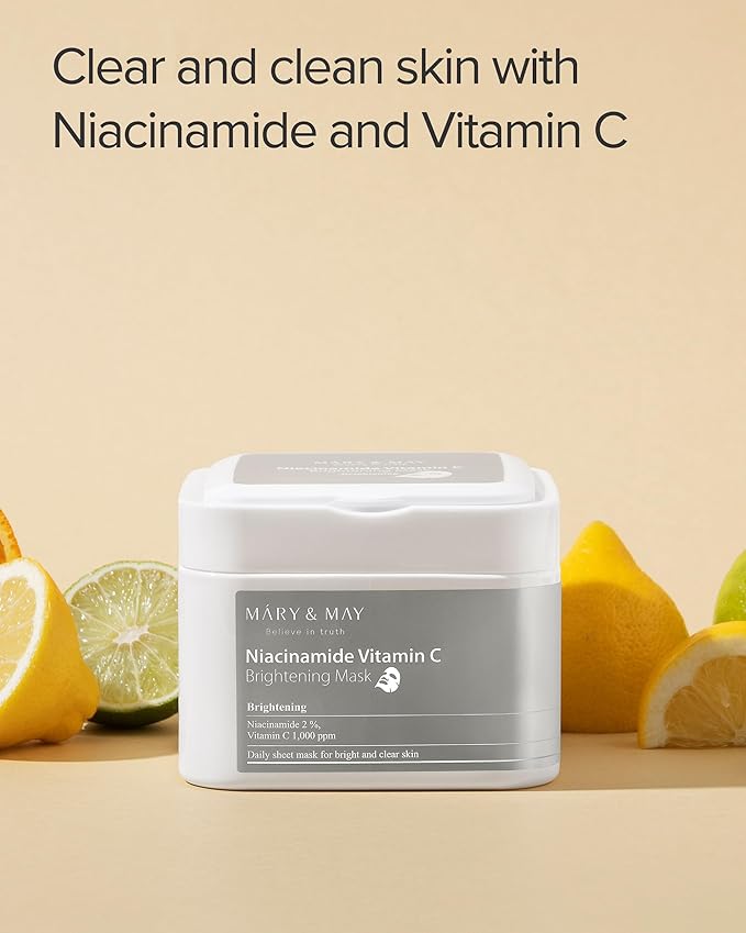 Mary&May Niacinamide Vitamin C Mask | 30 Sheets | Daily Korean Face Mask | Hydrates, Boosts Elasticity, Strengthens Skin Barrier & Reduces Dark Spots | Moisturizing & Firming Sheet Mask