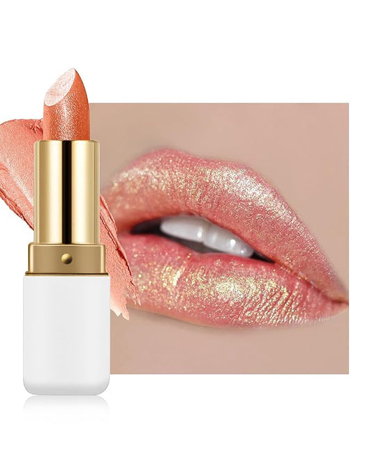 Diamond Glitter Lipstick, Nude Gold Shimmer Matte Metallic Lipstick, High Pigmented Waterproof Long Lasting Lip Gloss, Shiny Non-Sticky Creamy Lip Stain, Christmas Lip Makeup Gift for Women Girl-09