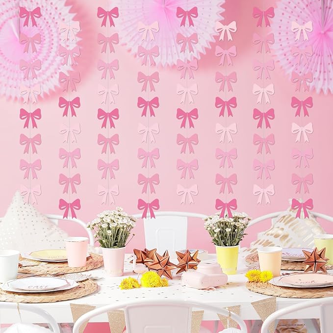 8Pcs Pink Bow Hanging Banner Pink Bow Garland for Bow Theme Birthday Party Decorations Girl Birthday Bachelorette Baby Shower Bridal Shower Party Supplies