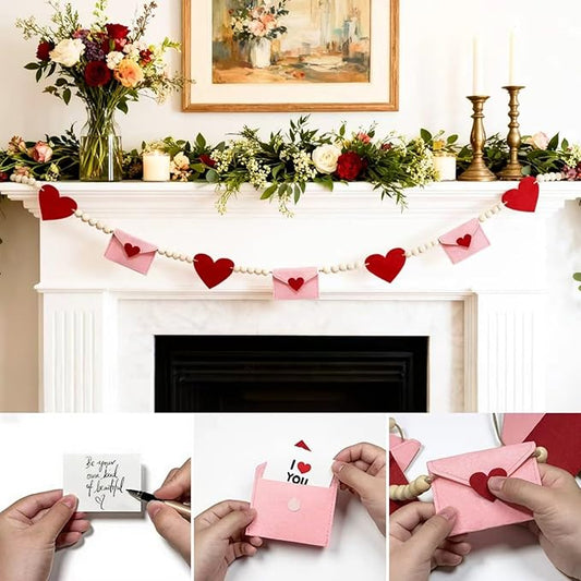 Valentines Day Decorations, Felt Heart and Envelope Garland with Wooden Beads, Valentines Day Garland for Mantle, Heart Decorations, Banner, Fireplace, Wall, Party (Heart and Envelope)