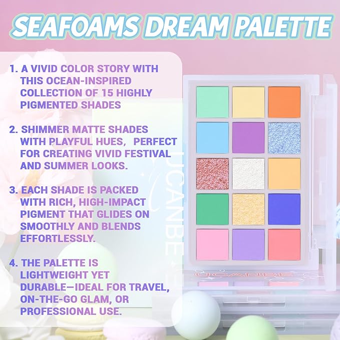 UCANBE Colorful Eyeshadow Palette – 15 Colors Vibrant Matte, Dazzling Shimmer & Glitter Duochrome Finishes – Highly Pigmented, Blendable, Long-Lasting Pastel Rainbow Eye Makeup Pallet - Seaform Dreams