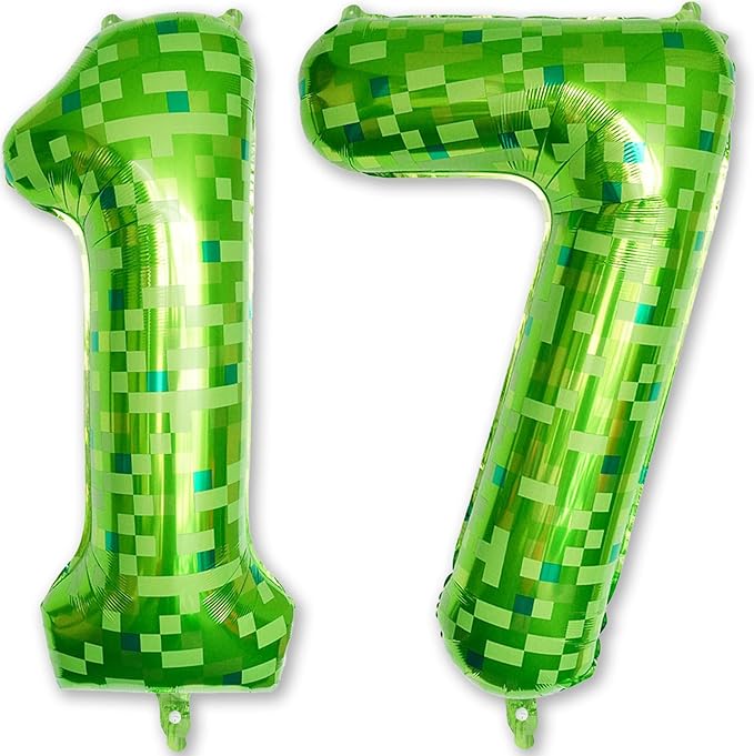 17th Birthday Balloons for Boys, Large Lime Green Pixel Number 17 Balloon, 40 Inch Dark Kelly Green Foil 17 Balloon Number for Men17 Year Old Birthday Video Game Forest Patrick's Day Party Decorations