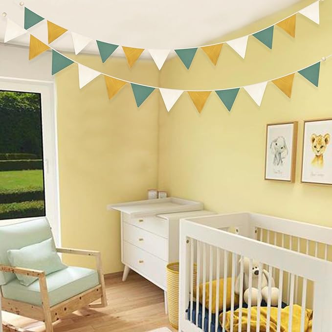 2 Sets of Yellow Green Nursery Garland Fabric Baby Banner 24Pcs Linen Triangle Pennant Flags Streamers for Baby Playroom Decor Kids Jungle Safari Golf Birthday Baby Shower Party Decorations