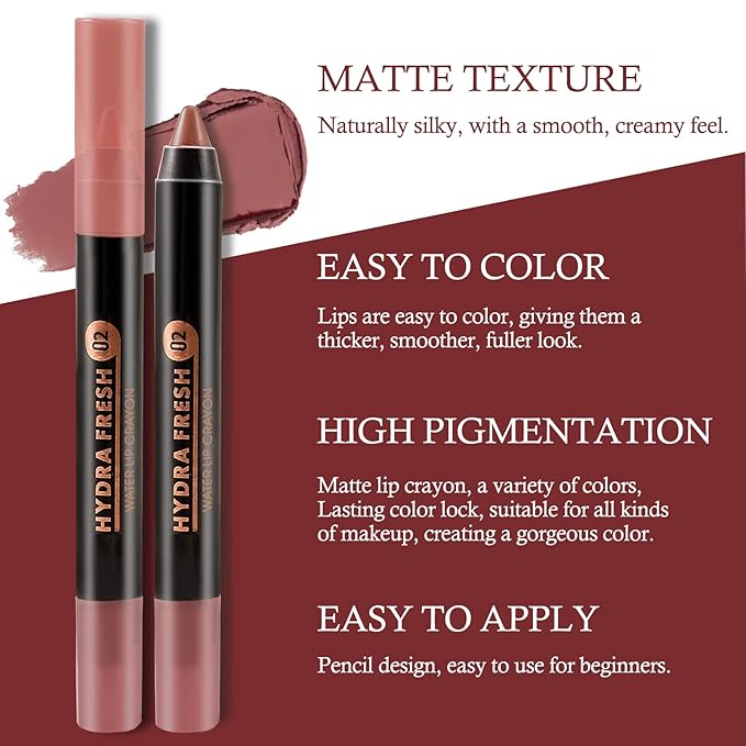 Boobeen Matte Lip Crayon Lipstik Pencil Velvety Creamy Matte Lip Liner Full Coverage High Pigment Waterproof Long Lasting Lipstick for Women, Matte Lip Color with Smooth